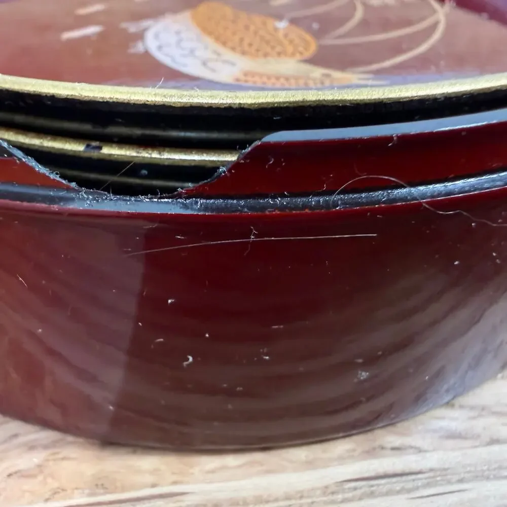 Vintage Japanese Lacquerware Coasters Set of 5 Burgundy Gold Floral 4 Inch